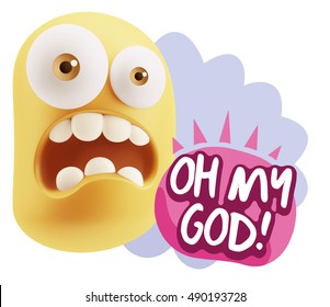 3d Rendering Surprise Character Face Emoticon Saying Oh My God With Colorful Speech Bubble.