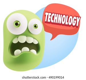3d Rendering Surprise Character Face Emoticon saying Technology with Colorful Speech Bubble.
