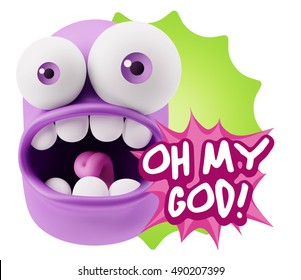 3d Rendering Surprise Character Face Emoticon Saying Oh My God With Colorful Speech Bubble.