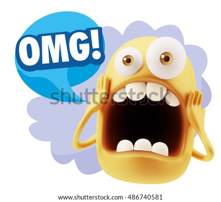 3d Rendering Surprise Character Face Emoticon saying OMG with Colorful Speech Bubble.