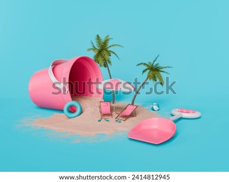 3d rendering of a surrealistic beach scene with a giant pink bucket spilling sand, complete with palm trees, sun loungers, and beach toys on a bright blue background, creative summer concept.