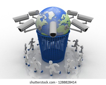 3d rendering Surveillance CCTV Security Camera connected globe in recycle bin around people
    