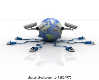 3d rendering Surveillance CCTV Security Camera connected globe around connection Rj45