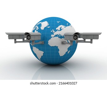3d rendering Surveillance CCTV Security Camera connected globe 
