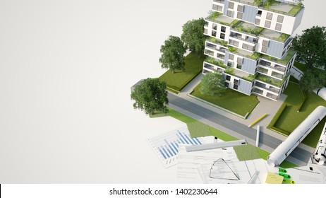 3D Rendering Of A Sustainable Building Architecture Model With Blueprints, Energy Efficiency Chart And Other Documents
