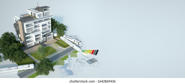 3D Rendering Of A Sustainable Building Architecture Model With Blueprints, Energy Efficiency Chart And Other Documents