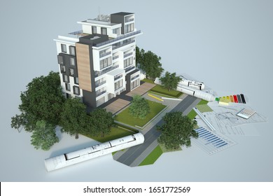 3D rendering of a sustainable building architecture model with blueprints, energy efficiency chart and other documents