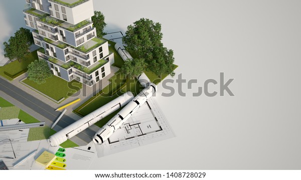 3D rendering of a Sustainable building\
architecture model with blueprints, energy efficiency chart and\
other documents