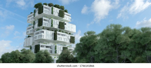 3D Rendering Of A Sustainable Modern Apartment Building  With Blueprints