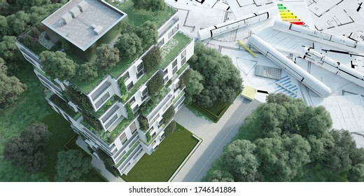 3D rendering of a sustainable modern apartment building  with blueprints