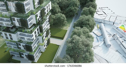 3D rendering of a sustainable modern apartment building  with blueprints, energy efficiency charts 