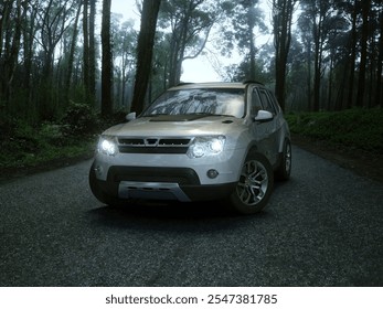 3d rendering - SUV driving through a misty forest, headlights illuminating the path. - Powered by Shutterstock