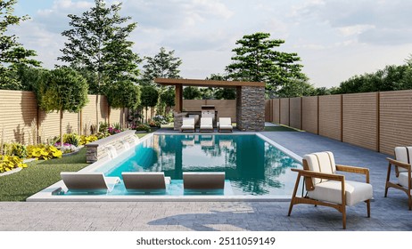 3d rendering of swimming pool, luxury pool 