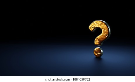 3d Rendering Symbol Of Question Mark Wrapped In Gold Thermal Foil Plate On Dark Blue Background