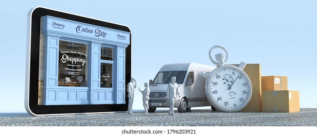 3D rendering of a tablet with a boutique and delivery men, a van with boxes and a stopwatch