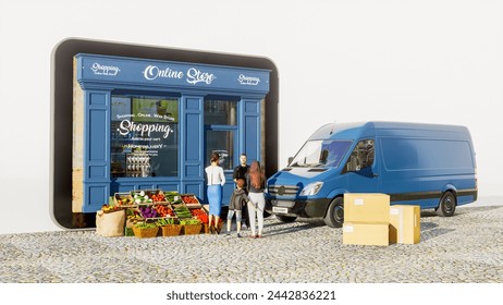 3D rendering of a tablet with a local grocery store selling online, with a van for deliveries, and the greengrocer talking to clients at the door