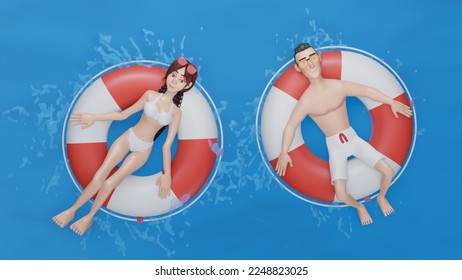 3d rendering. tanning on air mattress, life buoy in swimming pool. Top down view of young romantic couple relaxing on inflatable float at swimming pool. - Powered by Shutterstock