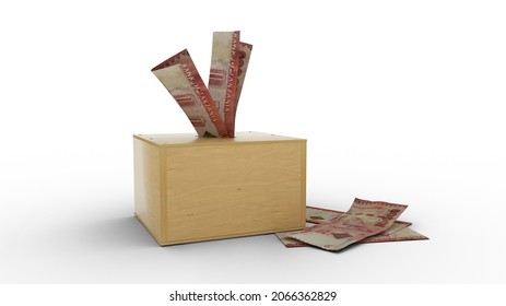 3D Rendering Of Tanzania Shilling Notes In Wooden Savings Box