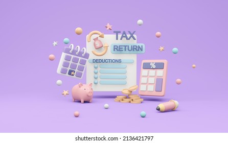 3D Rendering of tax return form document paper with money elements concept of tax duty on background. 3D render illustration cartoon style. 