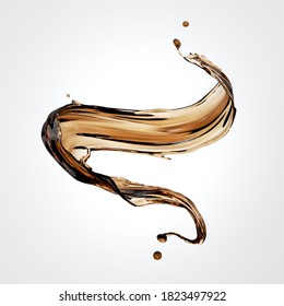 3d rendering, tea or coffee liquid splash, brown liquid wavy jet, splashing wave clip art isolated on white background.
