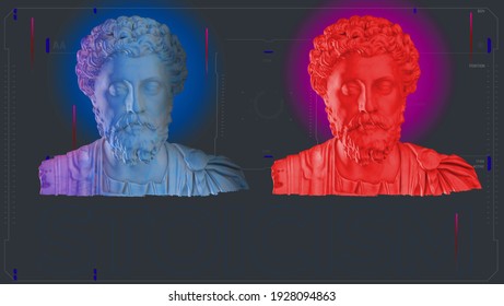 3d rendering of a tech and colorful metal stoic bust illustration with strong reference to stoicism and philosopher marcus aurelius on a clean and modern background