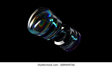 3d Rendering Technical illustration of spherical lens of camera lens  with dispersion on black background