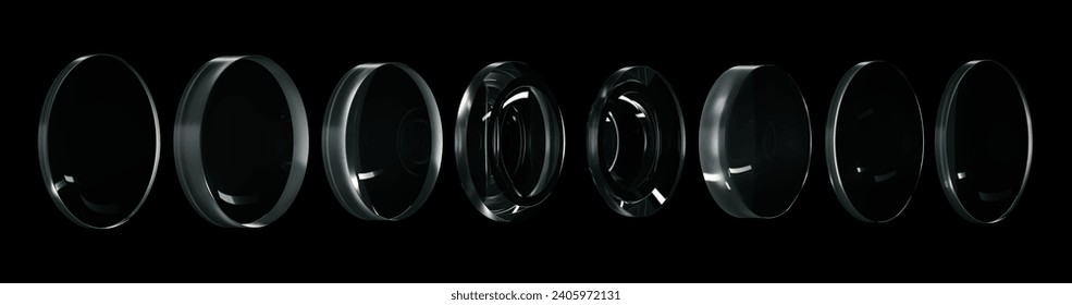 3d Rendering Technical illustration of spherical lens of camera lens and dispersion on black background