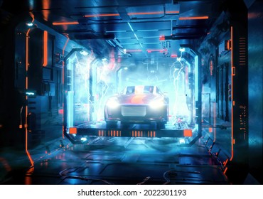 3D rendering of a technich generic concept car in the scifi factory lab with thunderbolt