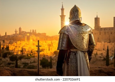 3D rendering of a templar knight facing Jerusalem