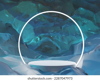 3d rendering of a template, white cylindrical podium under a luminous arch in a blue cave