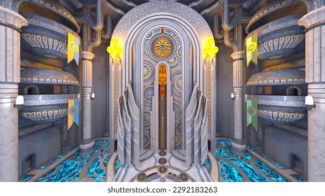 3D rendering of the temple with huge sculptures