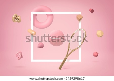 3d rendering of tennis racket and tennis ball with random geometric objects on pink background
