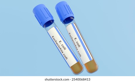 3d rendering of test tubes labeled with "E. coli" and "Escherichia coli." These are laboratory samples containing the bacterium Escherichia coli (E. coli).