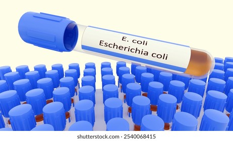 3d rendering of test tubes labeled with "E. coli" and "Escherichia coli." These are laboratory samples containing the bacterium Escherichia coli (E. coli).