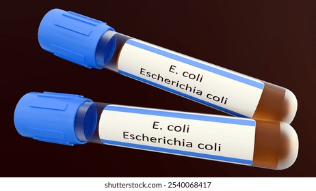 3d rendering of test tubes labeled with "E. coli" and "Escherichia coli." These are laboratory samples containing the bacterium Escherichia coli (E. coli).