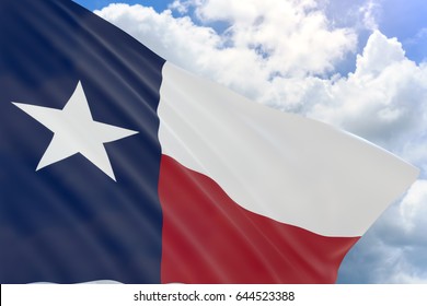 3D Rendering Of Texas Flag Waving On Blue Sky Background, Texas Independence Day Is The Celebration Of The Adoption Of The Texas Declaration Of Independence On March 2nd