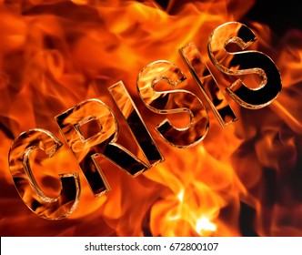 3d rendering. Text crisis on a fiery background