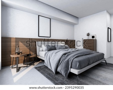 3D rendering ,The elegant and spacious bedroom design of the modern apartment has a coat cabinet beside the big bed, as well as a bucket cabinet and green plants.