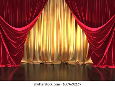 3D rendering, theater stage, golden curtains and red velvet
