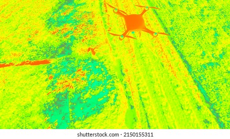3D Rendering in thermographic reconstructionof how a drone can perform photogrammetry and termography operations. 3D model of drone with payload for digital reconstruction of the path for trucks