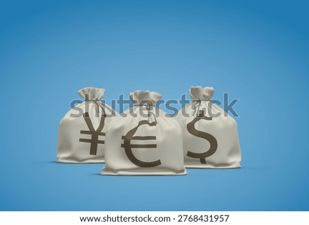 3D Rendering of Three Canvas Money Bags with Yen, Euro, and Dollar Symbols on Blue Background - 3D rendering