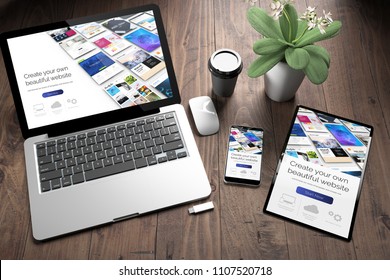 3d rendering of three devices with responsive website builder on screen on wooden desktop top view