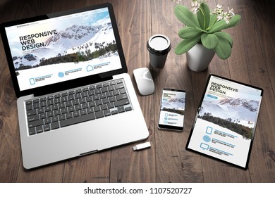 3d rendering of three devices with responsive website on screen on wooden desktop top view