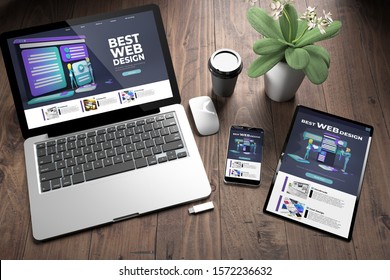 3d rendering of three devices with responsive design website on screen on wooden desktop top view