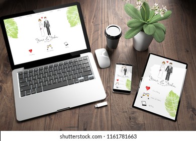 3d rendering of three devices with wedding website on screen on wooden desktop top view - Powered by Shutterstock