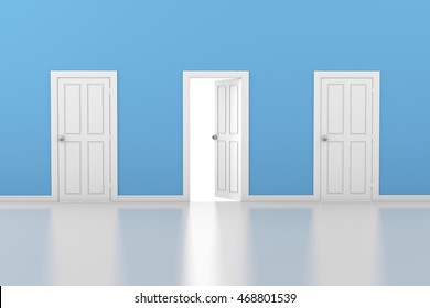 3d Rendering Of Three Doors, One Open And Two Closed