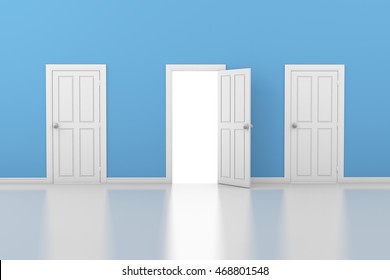 3d Rendering Of Three Doors, One Open And Two Closed