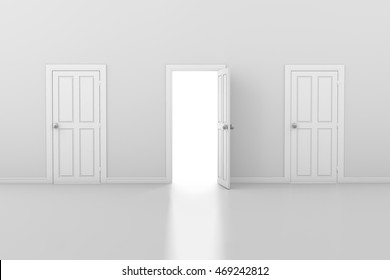 3d Rendering Of Three Doors, One Open And Two Closed