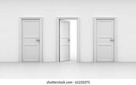 3d Rendering Of Three Doors, One Open And Two Closed