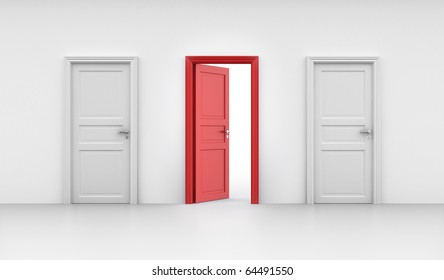 3d Rendering Of Three Doors, One Open And Two Closed